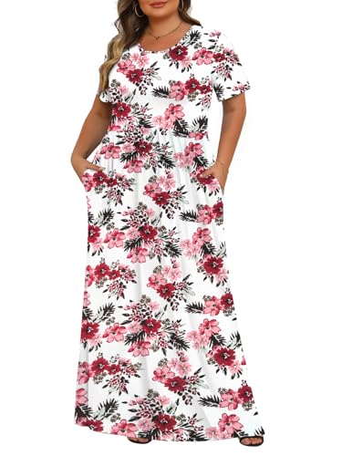 chinese dress ladies Womens Plus Size Maxi Dresses Summer 2026 Casual Short Sleeve with Pockets  Long Dress Begonia Flower 1X at Amazon Women's Clothing store