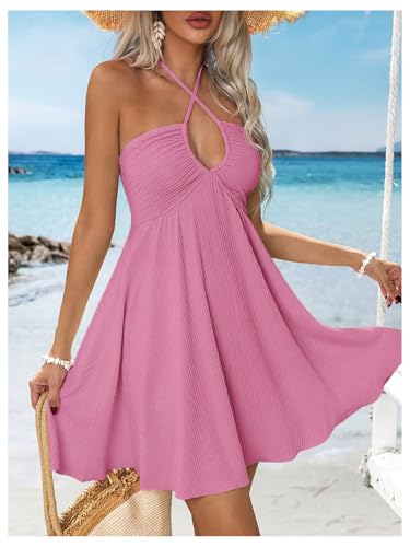 Image of MakeMeChic Women's Summer Halter Dress Cut Out Tie Backless Criss Cross Flowy Short Dresses Sundress