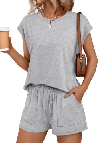 Image of AUTOMET Womens Crew Neck Two Piece Short Sets Cap Sleeve Drawstring Summer Sweatsuit with Pocket