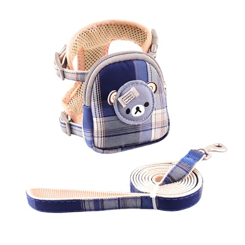 Tibemi 犬 猫 リード ハーネス リュック セット 猫 ハーネス 抜けない猫用ハーネス つけ やすい ハーネス 通気性メッシュ かわいいクマの柄牽引ロープ 胸当て 胴輪小型犬/猫ハーネス収納バッグ付き 軽量調節可能着脱簡単 お出掛お散歩 引っ張り防止