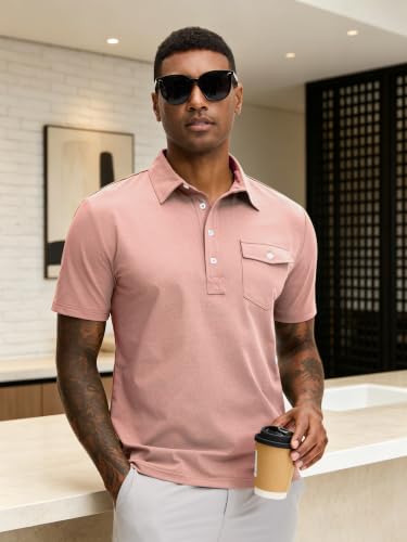 JEMLDL Mens Polo Shirt Quick Dry Short Sleeve Casual Summer Polo Tee with Pocket Classic Collared Golf Stylish Tops Pink L — view 3