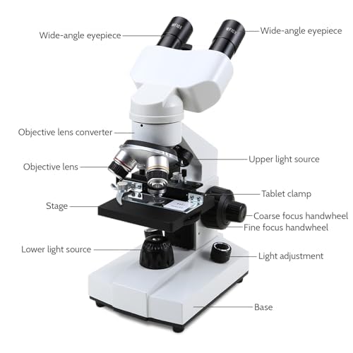 Image of Compound Binocular Microscopes 40X-2000X with Microscope Prepared Slides 30p,for Kids Students Adults, Microscope Accessories, Wire Camera Shutter, for School CX1012