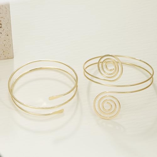 BOMAIL 2Pcs Gold Arm Cuff Bracelets Set for Women Open Adjustable Upper Arm Bangles Coil Swirl Armlet Armband Set Minimalist Upper Arm Cuff Jewelry for Women4