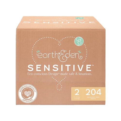 Image of Earth & Eden Sensitive Baby Diapers, Size 2 (204 Count) - Eco-Conscious & Hypoallergenic Diapers - No Harsh Chemicals - Comfortable and Gentle on Skin - Dermatologically Approved