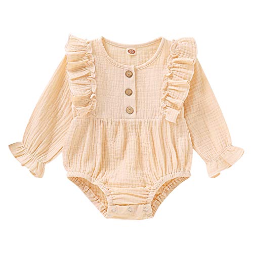 HZYKOK Newborn Baby Girl Jumpsuit Cotton Linen Solid Romper Long Sleeve One-Piece Bodysuit Infant Fall Clothes Outfits