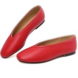 Picture of RIBONGZ Ballet Flat Shoes for Women Red Closed Round Toe Mary Jane Flats Comfortable Slip On Casual Shoes Dressy Office Work Walking Driving Size 6