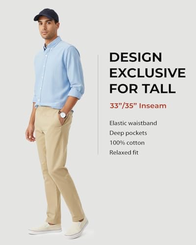 Zylioo Tall Men's Cotton Casual Pants Long Straight Leg Chino Joggers with Elastic Waist Pull-On Twill Pants Fits Over 6f2