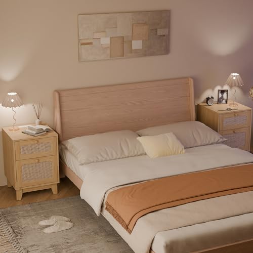Modern Rattan Nightstand Set of 2, Wicker Rattan Stand with Drawer and Charge Station, Wooden Bedside Table for Small Spaces, Natural Wood Side Table for Bedroom (with Charging Station, 2) - Image 4