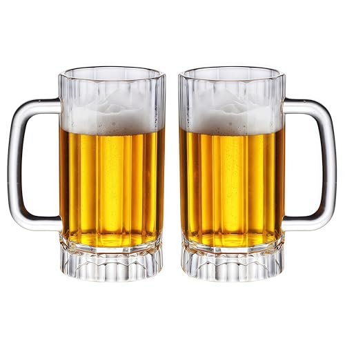 Plastic Pint Glasses Set of 2, 620ml Beer Mugs with Handles, Reusable Drinking Glasses Beer Stein for Club, Bar & Party
