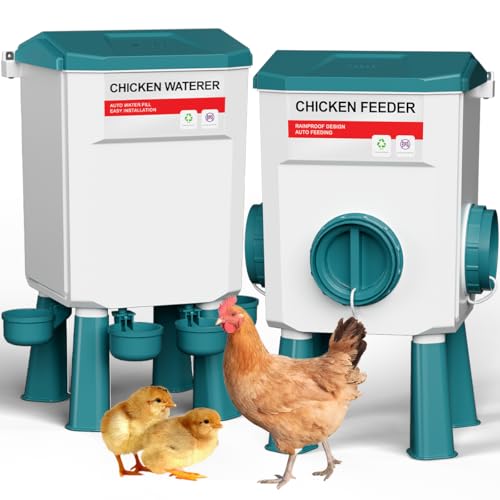 DEZHXHE Hanging Chicken Feeder and Waterer Set Automatic Chicken Feeder and Drinkers Detachable Gravity Feed for Chickens Ducks & Poultry Outdoor Farm & Backyard Use - Lake Blue 12KG