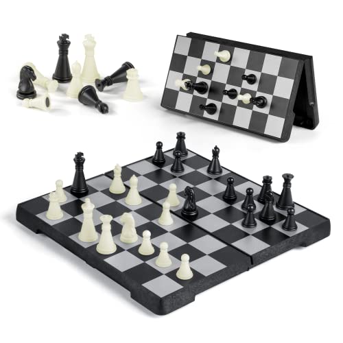 Gibot Mini Schachspiel magnetisch - Reise Schachbrett klappbar Schachbrett Schach Reiseschach Magnetisch Schachcomputer für Kinder und Erwachsene Reisen, Schwarz und weiß - (16 cm x 16 cm) Cover