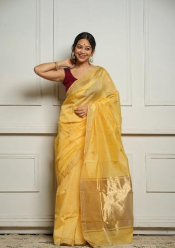 Image of Flosive inchWomen's Premium Pure Cotton Silk Saree with Golden Zari Border and Butti Work | Traditional Handloom Style Saree for Festive & Office Wear