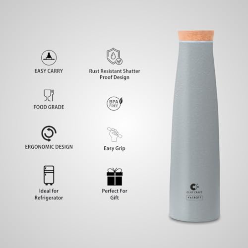 Image of Clay Craft Vacbott Chariott Cork Single Walled Non Insulated Water Bottle, 900ml (Grey - 1 PC) Steel Water Bottles for School, Office, Home, Gym, Water Bottle for Men Leakproof, Rust free Steel Bottle