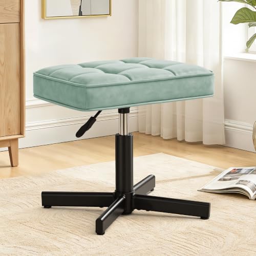 Image of LUE BONA Adjustable Vanity Stool, 15''-19.5'' Foot Rest Under Desk, 360 Swivel Vanity Chair for Makeup Room, Green Upholstered Faux Leather Ottoman for Bathroom & Living Room, 300lbs