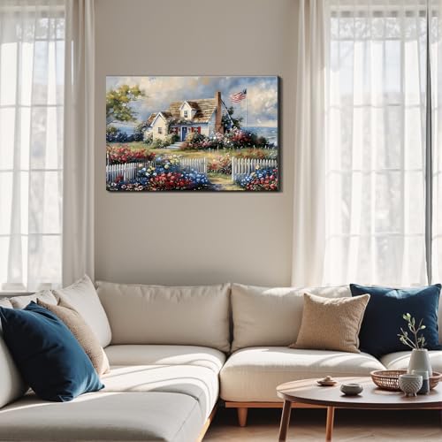 Image of Framed American Flag Coastal Cottage Wall Art, Patriotic Seaside House Canvas Art Pictures, USA Flag Floral Garden Wall Decor, Made in USA Ready to Hang for Living Room Entryway