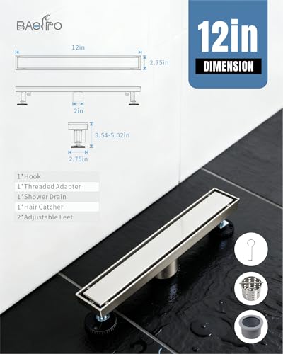 Image of 12 Inch Brushed Stainless Steel Linear Shower Drain | CUPC Certified 2-in-1 Tile Insert for Curbless Showers. 304 Steel, 15.8GPM Flow. Includes Hair Catcher & Adjustable Feet.