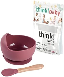 Think Baby ® Silicone Suction Bowl & Bamboo Spoon Weaning Set | Non-Toxic BPA Free | Improved Design High Suction | Baby Essentials | Food Grade Baby Feeding Set | Baby Led Weaning 1 Pack Blue/Red