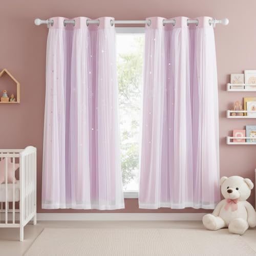 NICETOWN Short Curtains for Nursery Bedroom, Double Layer 63 inches Long Moon Star Cutout Girls Ombre Curtains with Sheer Overly for Living Room Nurse