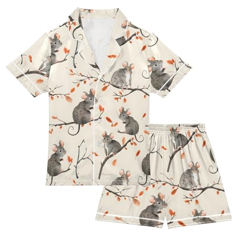 ALAZA Cute Mouse Tree Branch Leaf Satin Pajamas Set Short Sleeve Button Down Sleepwear Summer Pjs 2 Piece
