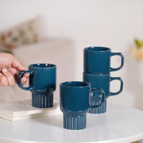 Image of Nestasia Ceramic Stackable Cups Set of 4 (270ml Each) - Fluted Bottom Tea & Coffee Cups with Glossy Finish | Microwave & Dishwasher Safe Cups - Ideal for Gifting (Deep Blue)