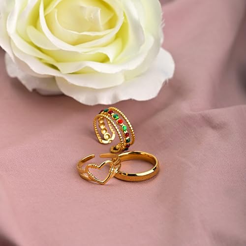 Image of PALMONAS Heart Enamel Ring Set for Women - Gift for Girls & Women | Waterproof & Anti Tarnish Rings