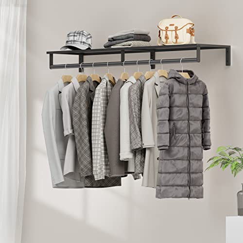 Audmore Wall Mounted Clothes Rack With Top Shelf, 46.5'' Industrial Clothing Rack Heavy Duty, Metal Shelf With Hanging Rod, Garment Rack Laundry Room Shelves, Space Saving #TOP2