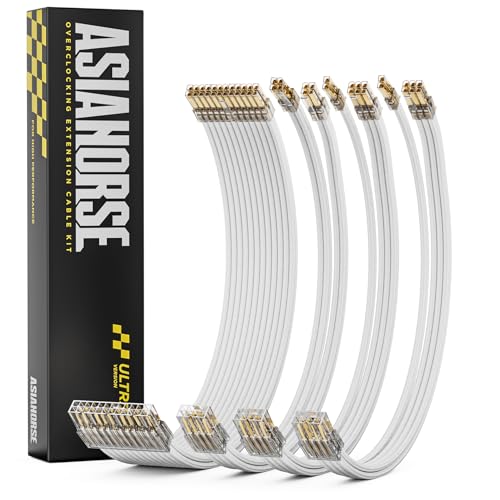 Overclock & Low Heat 16AWG Silver-Plated Core & Gold-Plated Terminals PSU Cable Extension Kit 24pin/4+4pin/8pin for High-End Gaming PC - AsiaHorse Ultra Series 30CM Complete 4PCS Braided Mod Cables