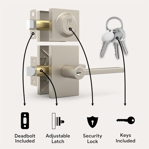 Image of Mega Handles, Glamor Entry Combo, Entry Door Handle and Single Cylinder Deadbolt Lock and Key Combo Pack, Heavy Duty Locking Door Levers for Left or Right-Handed Doors - Satin Nickel