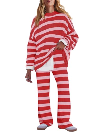 Image of LAMISSCHE Oversized Womens Lounge Set Striped Sweater Set Long Sleeve 2 Piece Pajama Set Top and Pants with Pockets