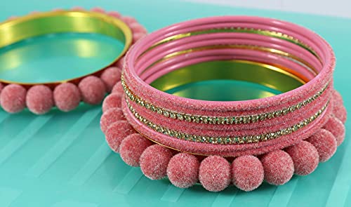 Image of NMII Stylish Metal with Golden Zircon Stone & Velvet Balls Bangles Set For Women and Girls | Fancy Designer Bangles | Short Velvet Chuda Set | Women's Fashion Jewellery