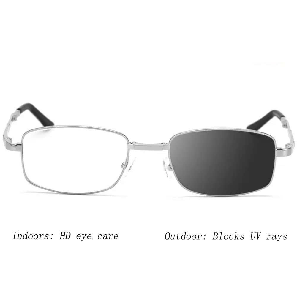 FREAZE Faltbar Sonnenbrille Photochrome Lesebrillen Kompakt Tragbare Lesebrille Progressive Multifokus Ultraleicht Computer Brille Für Damen Herren 1.0-3.5 (Color : Silver, Size : 1.0X)