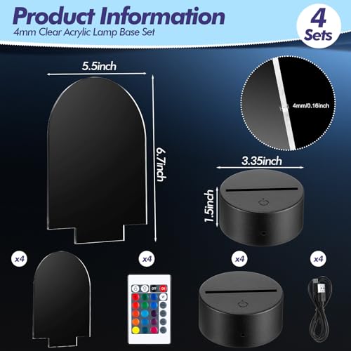 Image of Honoson 4 Set 3D Night Light Kit with Remote, 16-Color Base for Acrylic Sheets, 4 Modes for Bedroom Decor(Arch Style)
