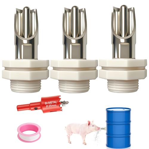ZXFNNCY Pig Water Nipple for Barrel Watering Systems 3-Pack Stainless Steel Bite-Activated Drinker with Brass Mounting Hardware for Swine Goats and Livestock Pig Waterer System Compatible