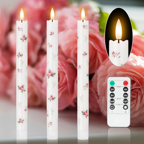 Image of JOIONE Rose Flameless Taper Candles with Remote, 3 Pack Home Decor