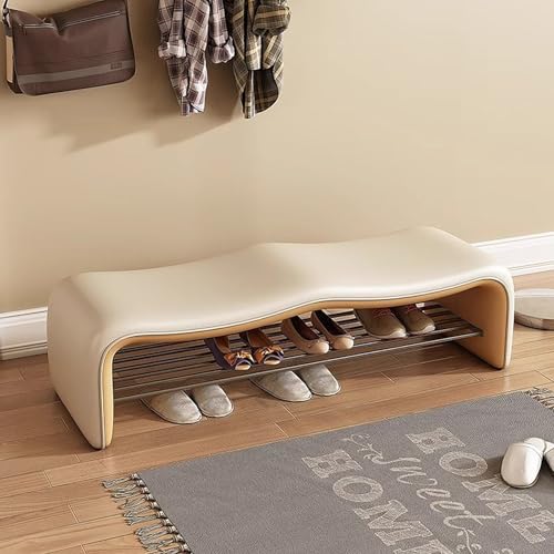 Slish Bei - Banco de entrada con asiento de piel sintética, zapatero de metal de 2 niveles para pasillo, dormitorio y sala de estar, 80 cm