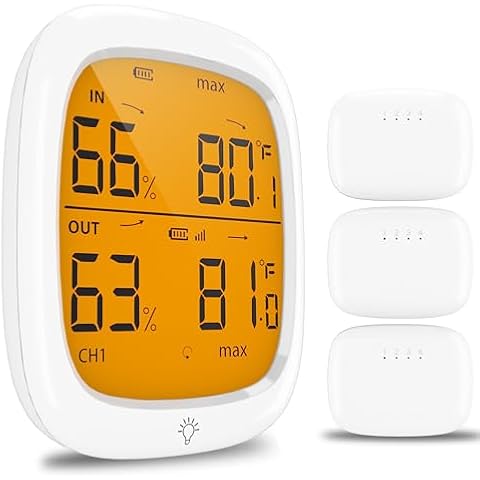Fansitc Indoor Outdoor Thermometer Wireless, Digital Display Thermometer Humidity Monitor with 330ft Range 3 Channels Sensor and LCD Backlight for Home Room Greenhouse, White Cover