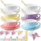 Suttmin Set of 6 Tea Cups and Saucers Tea Party Decorations 5.4 oz British Cappuccino Cups with Saucers Floral Napkin Gift for Women Birthday Party Church Mother's Day