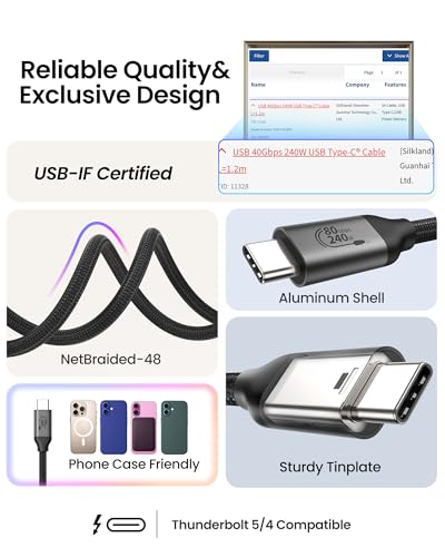 Image of Silkland 80Gbps USB 4 for Thunderbolt 5 Cable 5FT, [USB-IF Certified] 120Gbps Bandwidth for 16K /Dual 8K, 240W, Braided USB C Video Cable Compatible for Thunderbolt 4, SSD, MacBook M4 Pro, iPhone 17 /16
