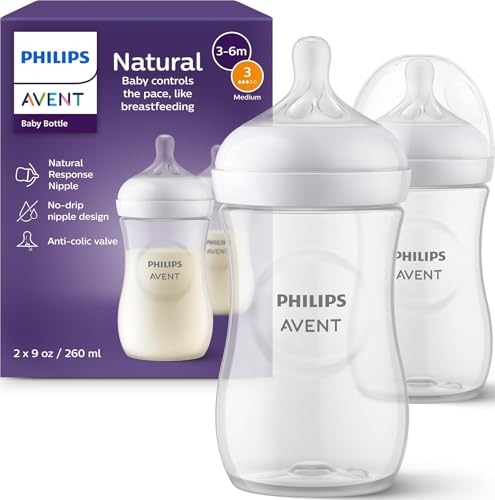 Image of Philips Avent Natural Baby Bottles, Medium Flow, 9 oz, BPA-Free, 2-Pack | Baby-Controlled Flow, No-Drip Design, Reduces Colic and Gas with Anti-Colic Valve, SCY903/02