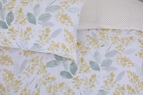 Night Comfort Percale Fluffy King Size Duvet Cover Set with Pillowcases - Reversible Soft Light Floral Leaves Printed Quilted Full bedding Set Duvet and Pillow Cover, Yellow