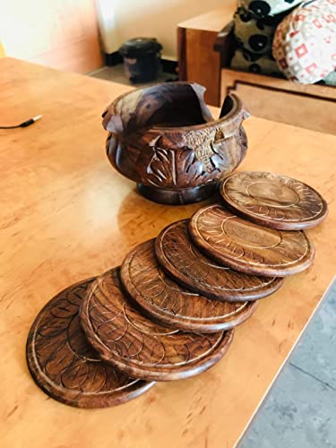 Craftland Wooden Handmade carved Set of 6 with Decorative Holder Tabletop Coasters for Tea Coffee Cups Mugs Beer Cans Bar Glass Indian Handicrafts
