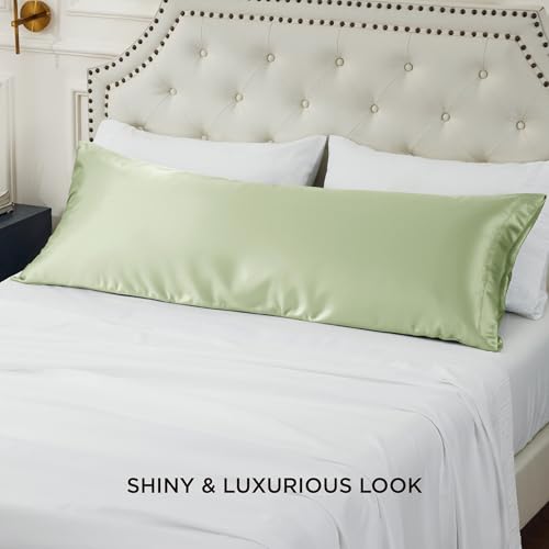 Image of Bedsure Body Pillow Cover 20x54 Inches - Sage Green Satin Similar to Silk Pillowcase for Hair and Skin, Cooling and Silky Long Body Pillow Pillowcase with Envelope Closure, Gifts for Women Men