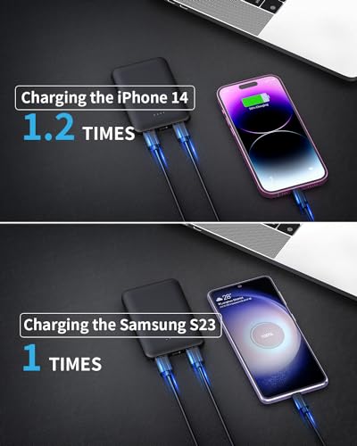 EUARY Power Bank 5000 mAh, piccola e leggera, mini batteria esterna portatile, con cavo, batteria esterna leggera (nero)