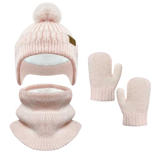 Bseical Mütze Schal Handschuhe Set Mädchen, Wintermütze Kinder, Schal Mütze Kinder, Fäustlinge Baby, Fleecefutter Warme Knit für 2-8 Jahre (Rosa)