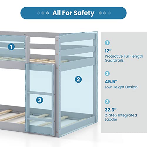 Komfott Low Bunk Bed Twin Over Twin, Solid Wood Bunk Bed Frame With Built-In Ladder & Safety Guardrails, Space-Saving Low Bunk Bed For Kids, Teens, No Box Spring Needed (Gray) #TOP5