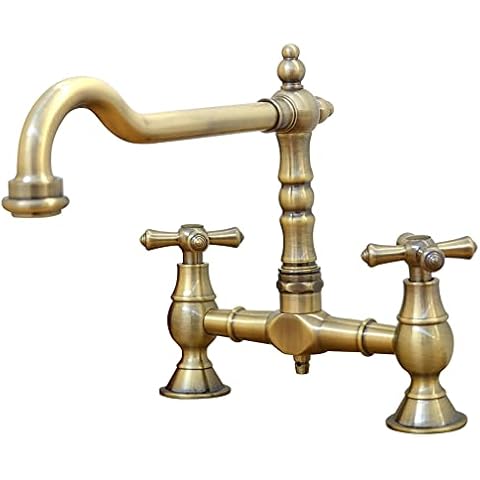 ENKI, Langley, KT116, Antique Bronze, Traditional Bridge Kitchen Sink Mixer Tap for Basin, Brass Construction, with Twin Levers & Swivel Spout Perfect for Double Bowl Sinks, Drip Free Ceramic Valve Cover