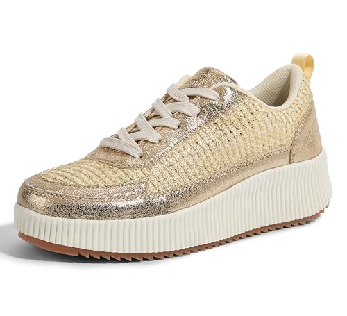 LUCKY STEP Women's Platform Sneakers Rhinestone Fashion Chunky Casual Sparkly Retro Braided Walking Shoes (Gold Knit,8 B(M) US)