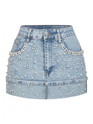 WDIRARA Womens Pearl Rhinestone Cuffed Jean Skirt A Line Bodycon Summer Denim Skirts Blue Medium