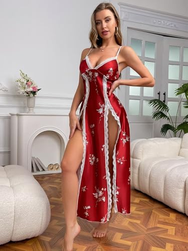 Image of CRIPOM Silk Lingerie Dress for Women Long Nightgowns for Women Sexy Chemise with Thong 2 Piece S-XXL