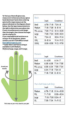 New Improved 2X Long Lasting Bionic Relaxgrip Golf Glove With Patented Double-Row Finger Grip System (Men's Cadet Ml, Worn On Left Hand) #TOP4